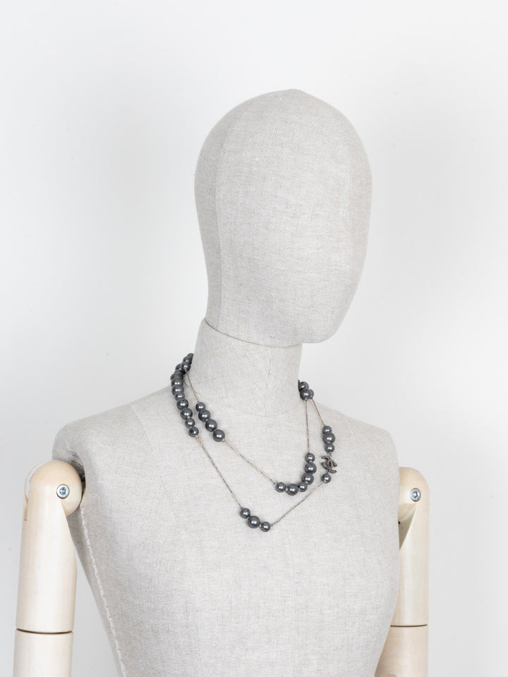 CHANEL CC Faux Pearl Necklace Grey