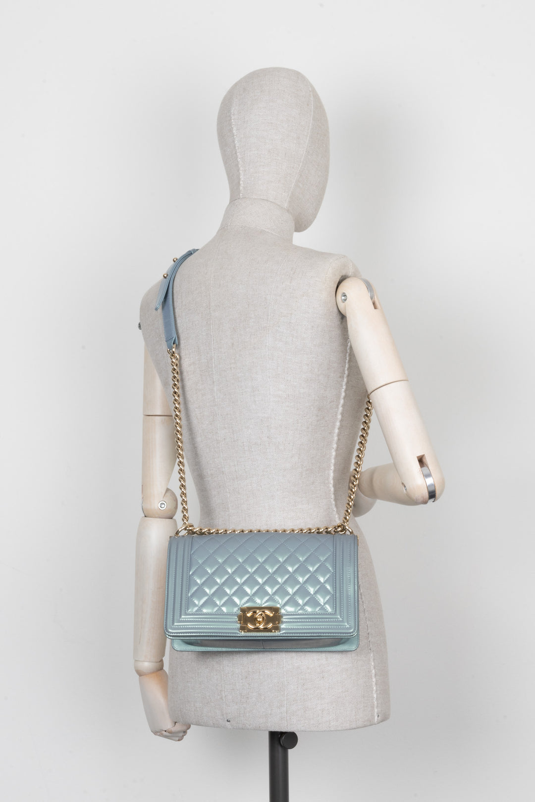 CHANEL Medium Boy Bag Iridescent Patent Blue