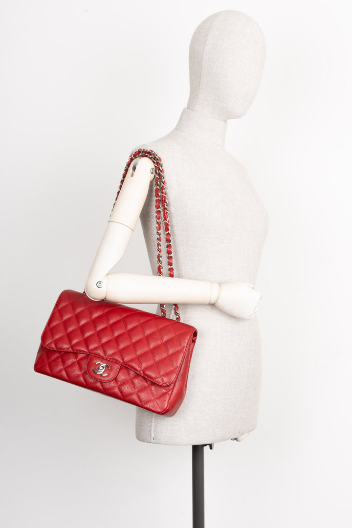 CHANEL Single Flap Bag Large Caviar Red