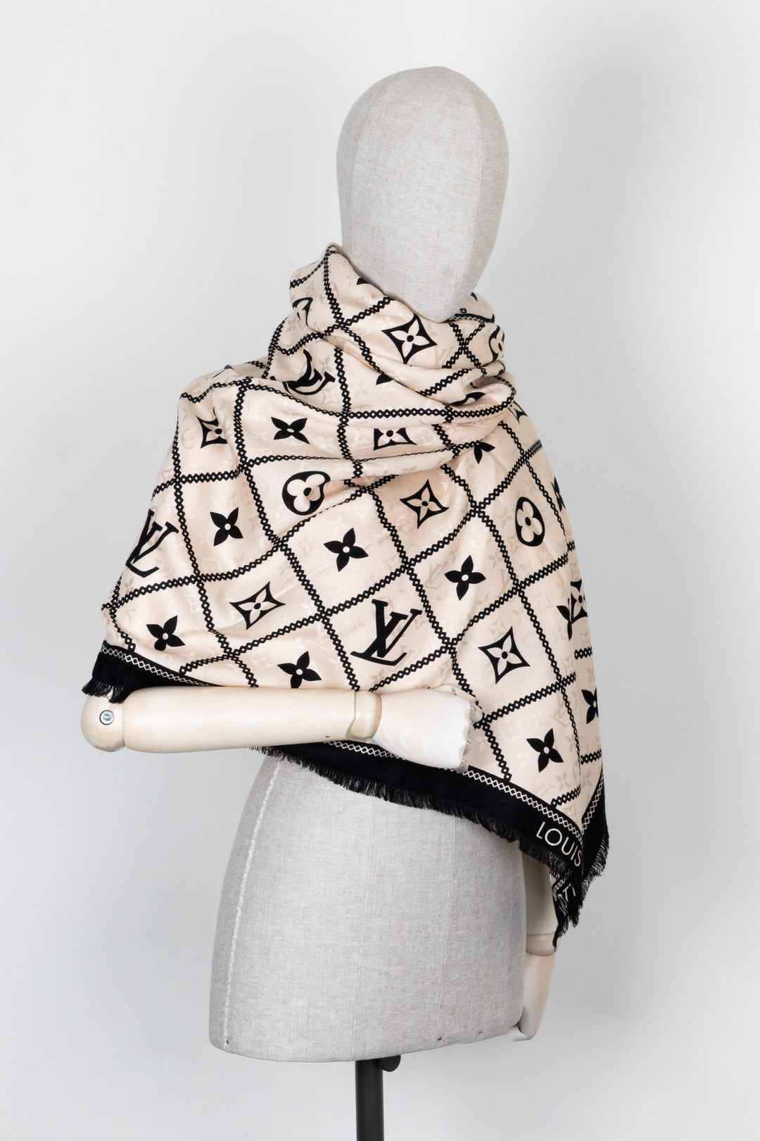 LOUIS VUITTON Scarf MNG Silk Wool Black Beige