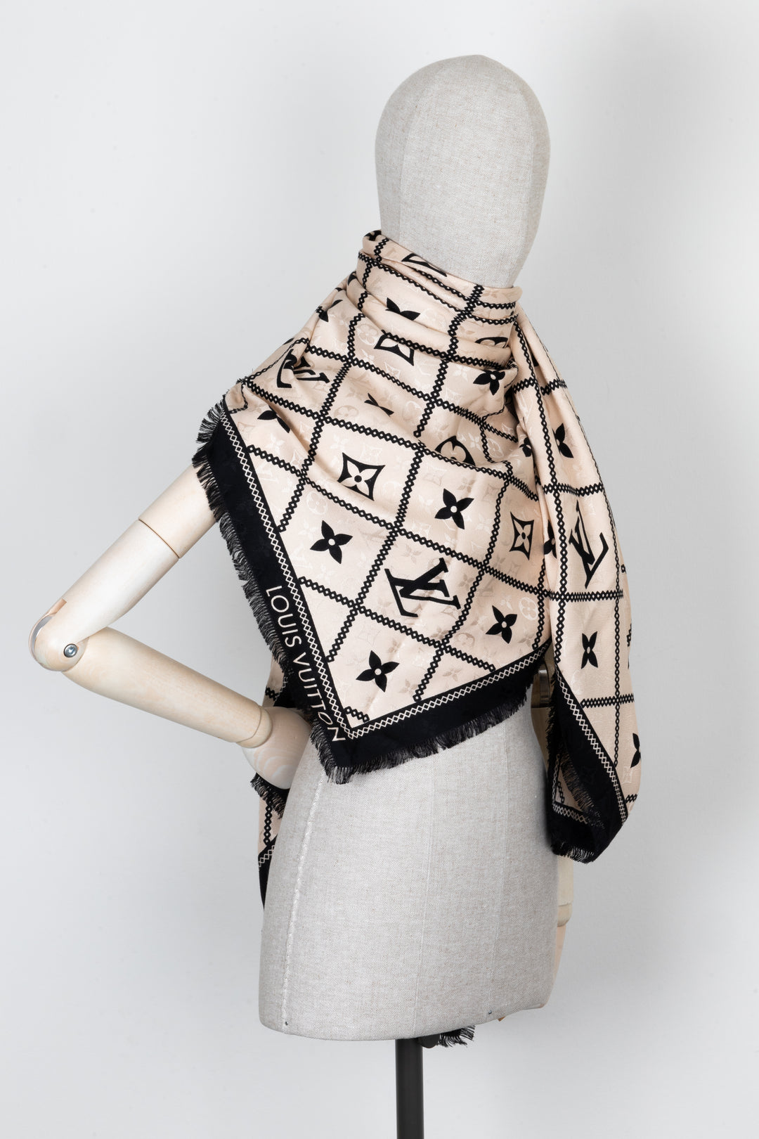 LOUIS VUITTON Scarf MNG Silk Wool Black Beige