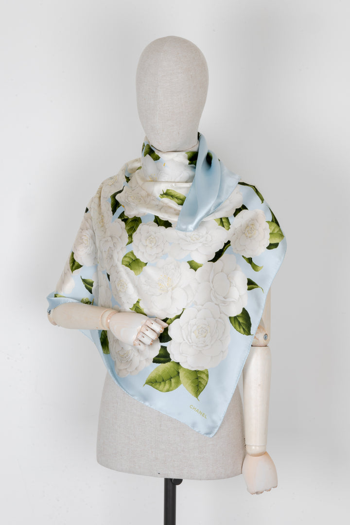 CHANEL Vintage Camellia Scarf 90 Silk White Blue