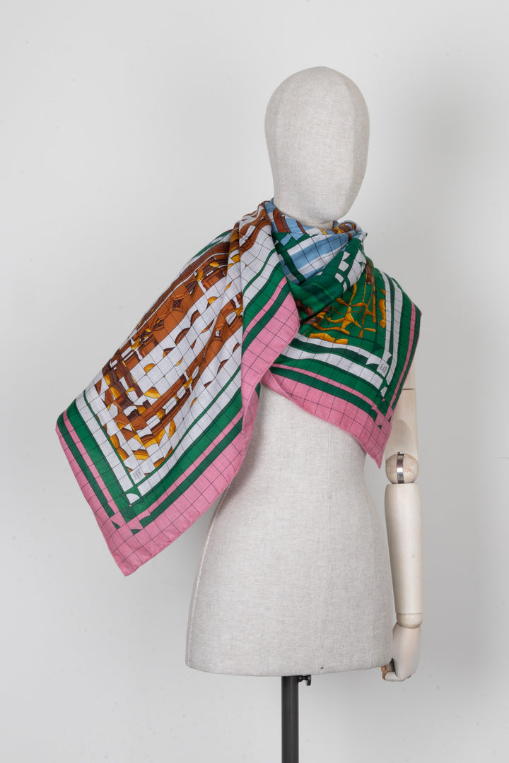 HERMÈS Coaching 140 Scarf Cashmere Silk Pink Green