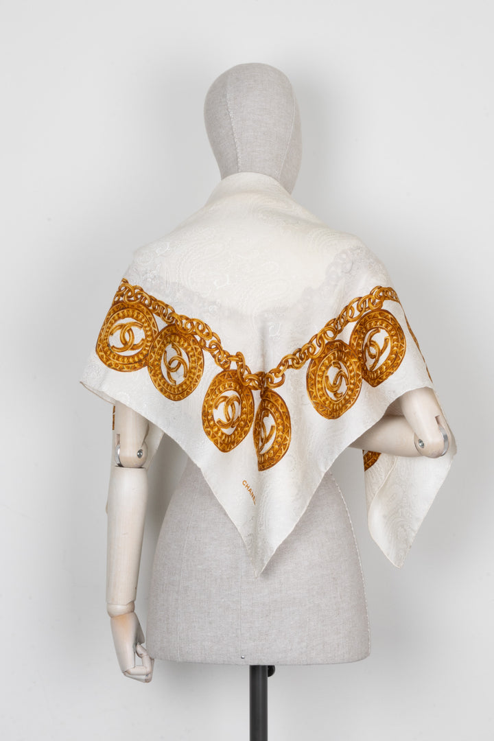 CHANEL Vintage Scarf 90 Silk Chain White