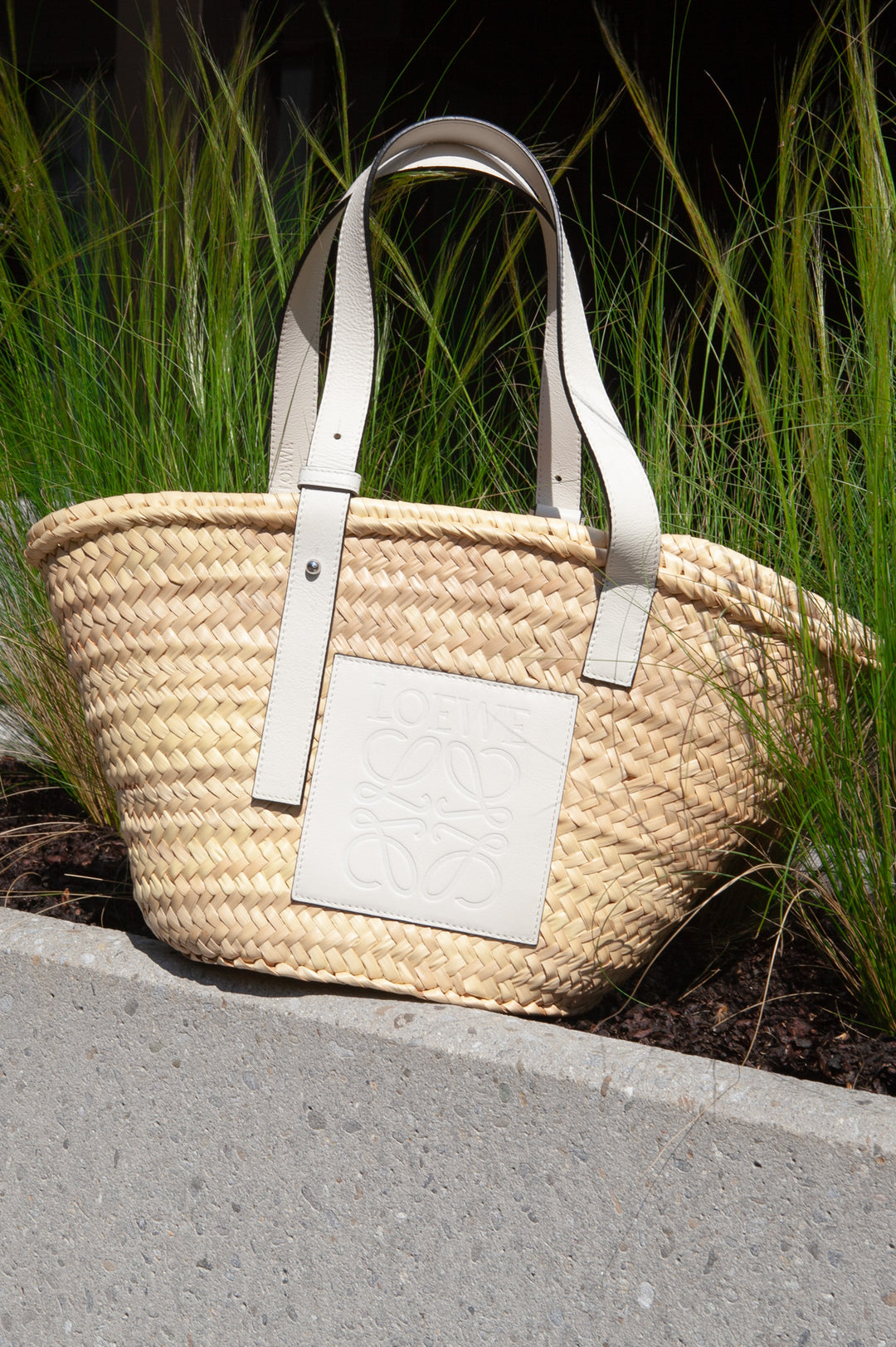LOEWE Basket Bag in Palm Leaf and Calfskin Natural/White in
