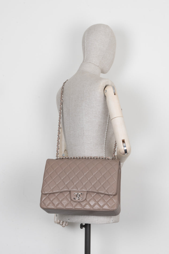 CHANEL Maxi Double Flap Bag Caviar Taupe