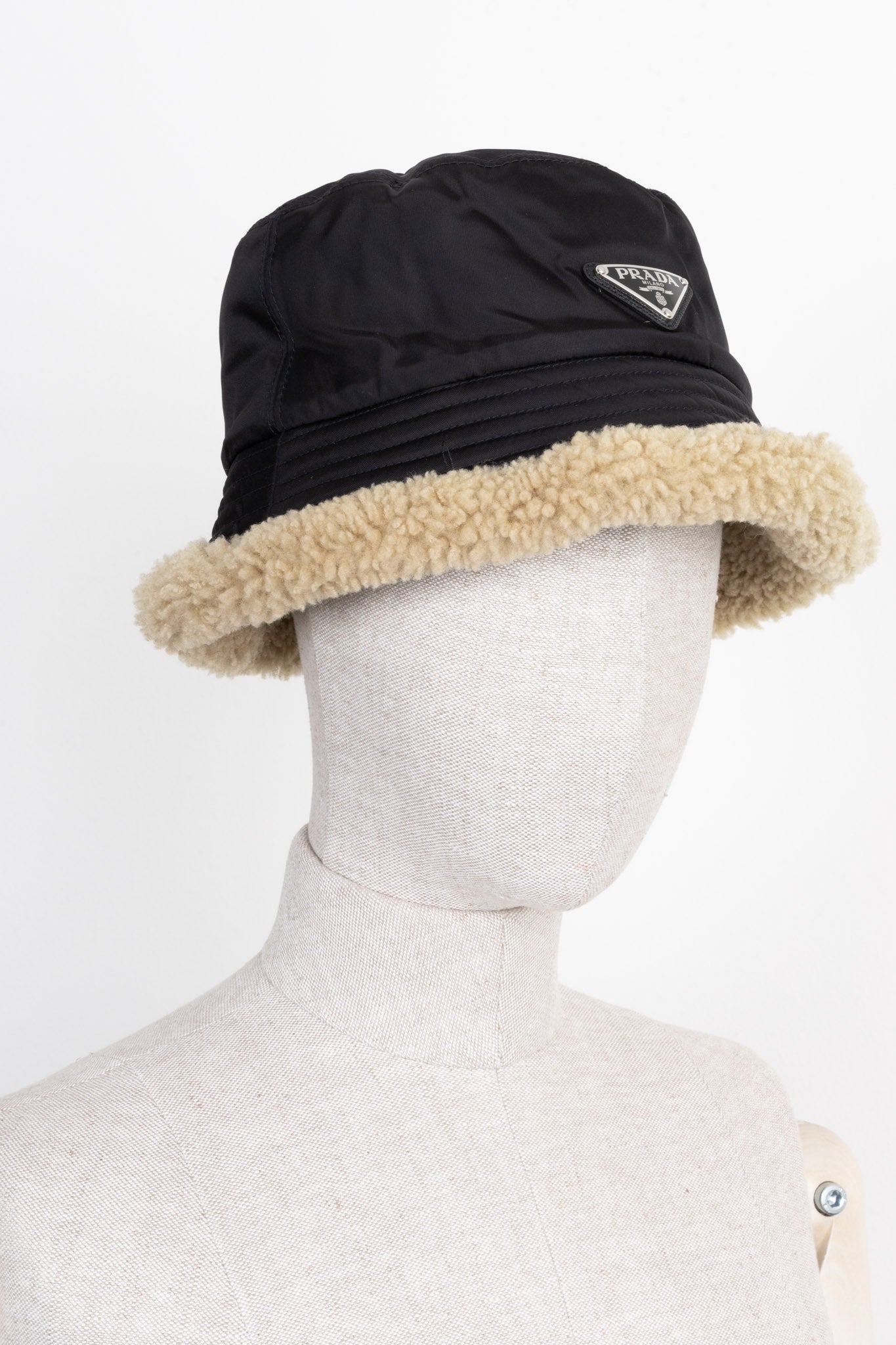 PRADA Bucket Hat with Shearling Lining Nylon Black REAWAKE