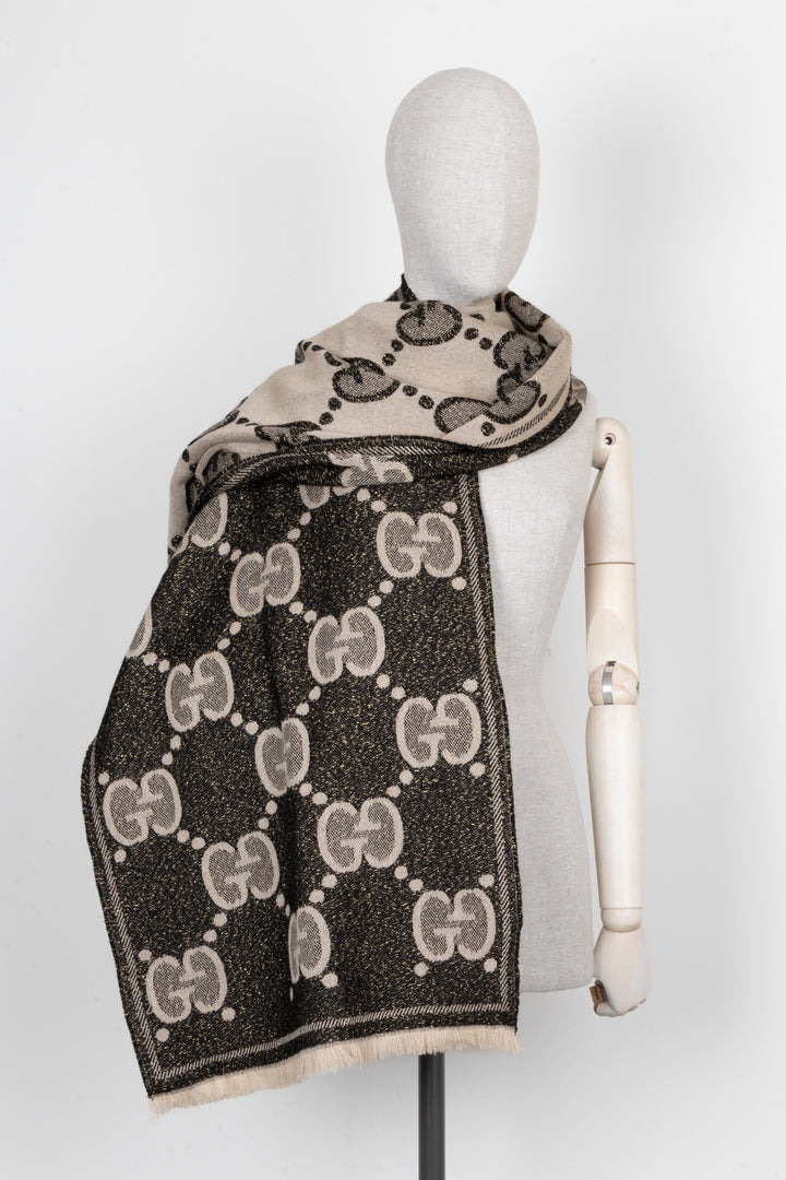 GUCCI GG Scarf Wool Black Gold Beige