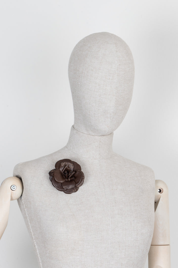 CHANEL Camellia Brooch Leather Brown