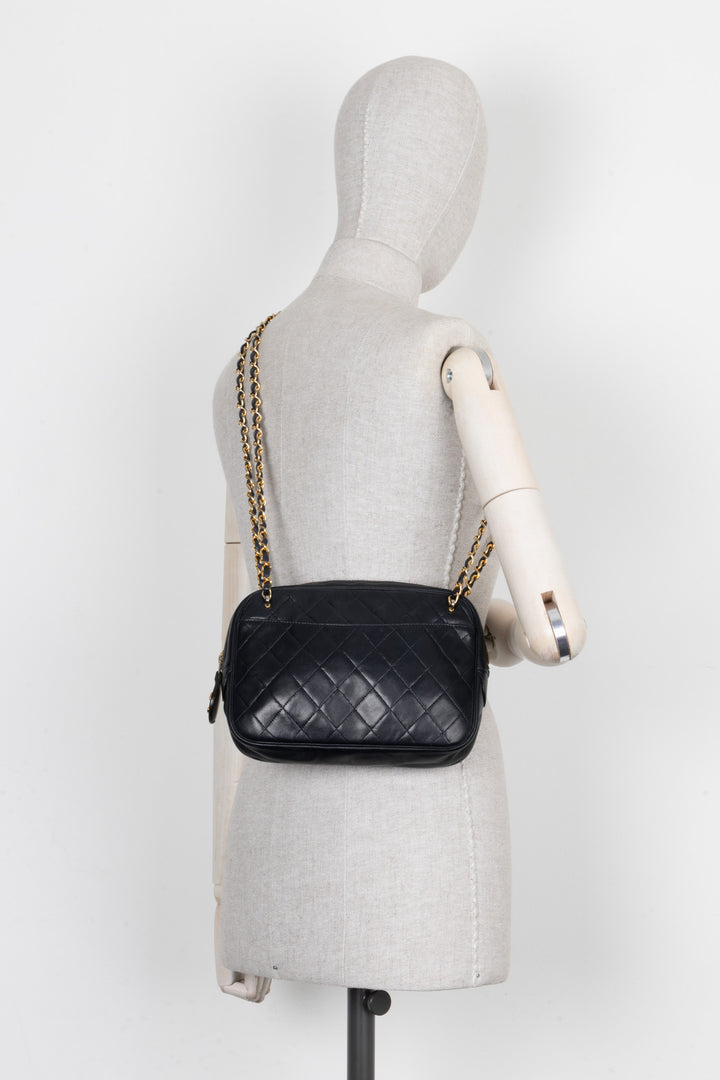 CHANEL Quilted Logo Shoulder Bag Navy