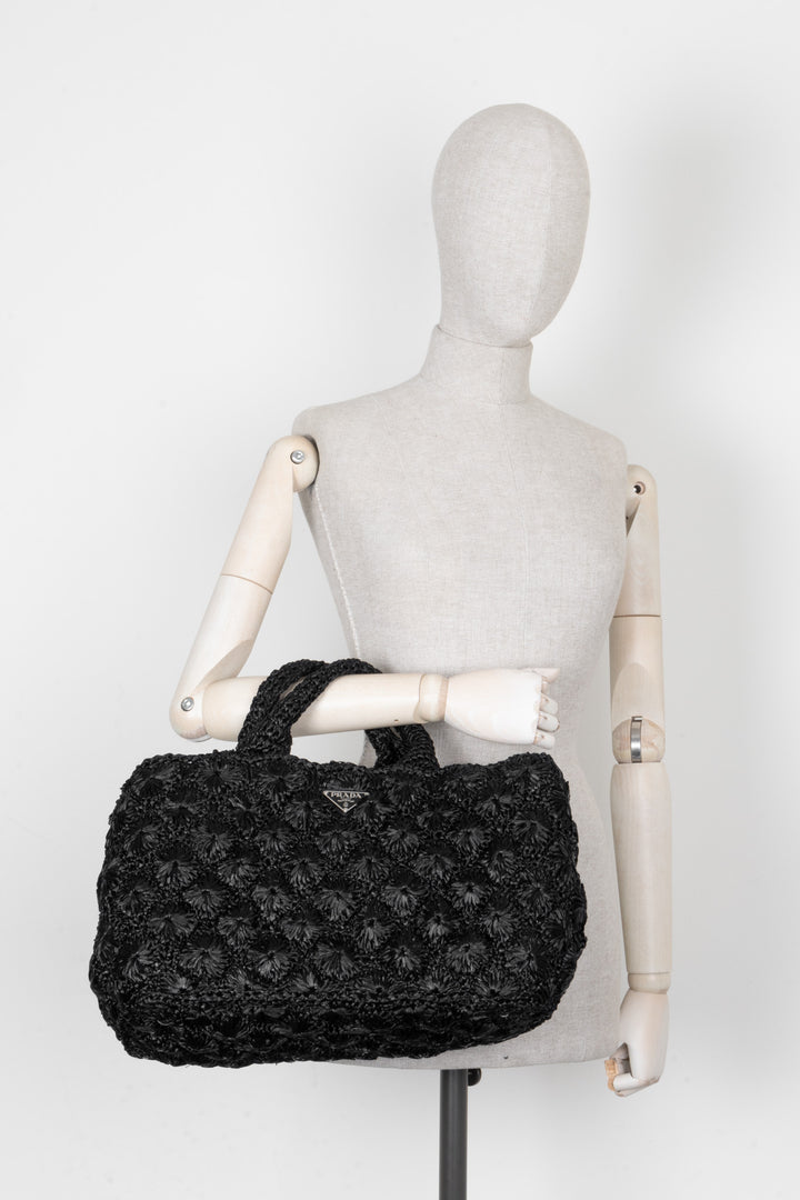 PRADA Canapa Crochet Tote Bag Black