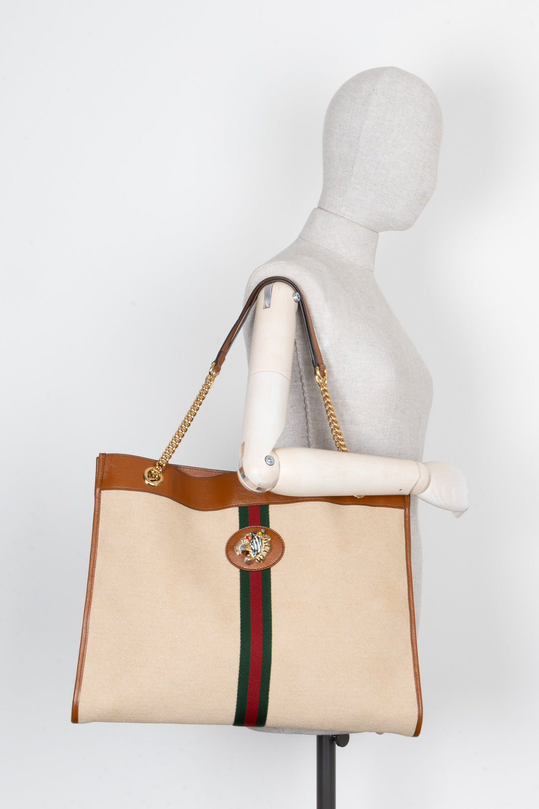 GUCCI Rajah Chain Tote Canvas Beige