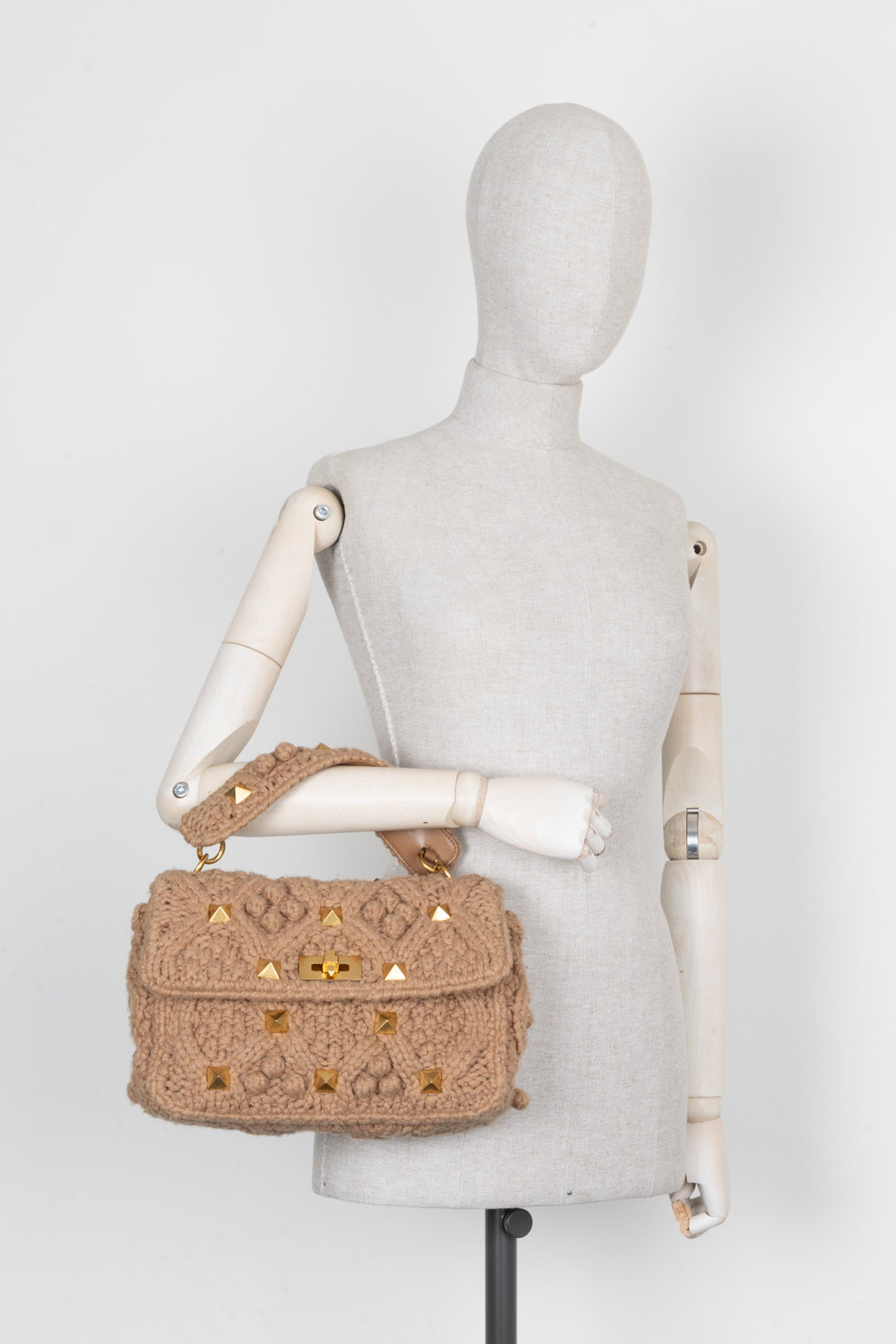 VALENTINO Roman Stud Calbe Knit Bag Beige