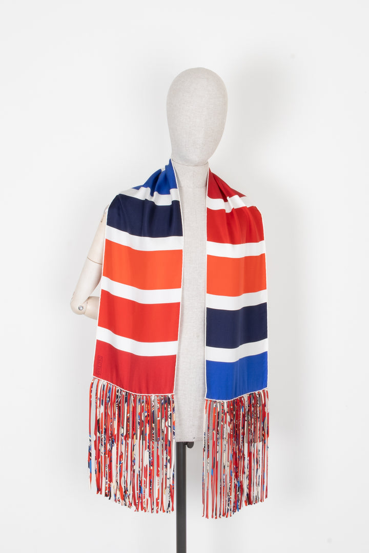 HERMÈS Fringed Striped Muffler Silk Red