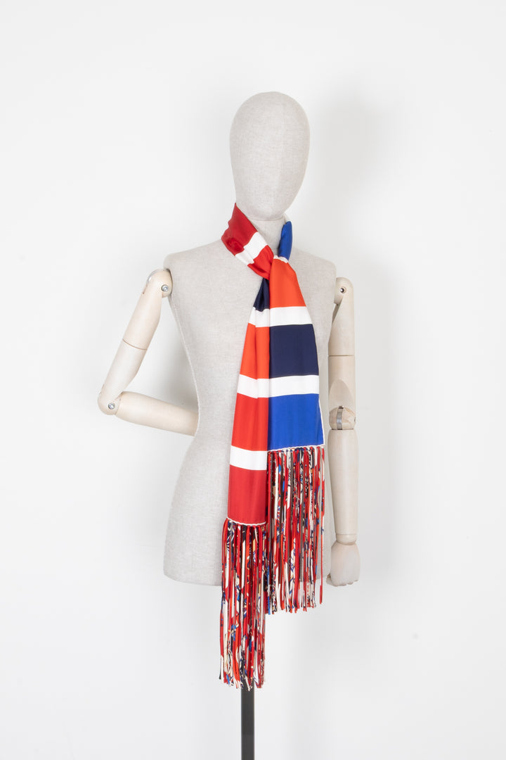 HERMÈS Fringed Striped Muffler Silk Red