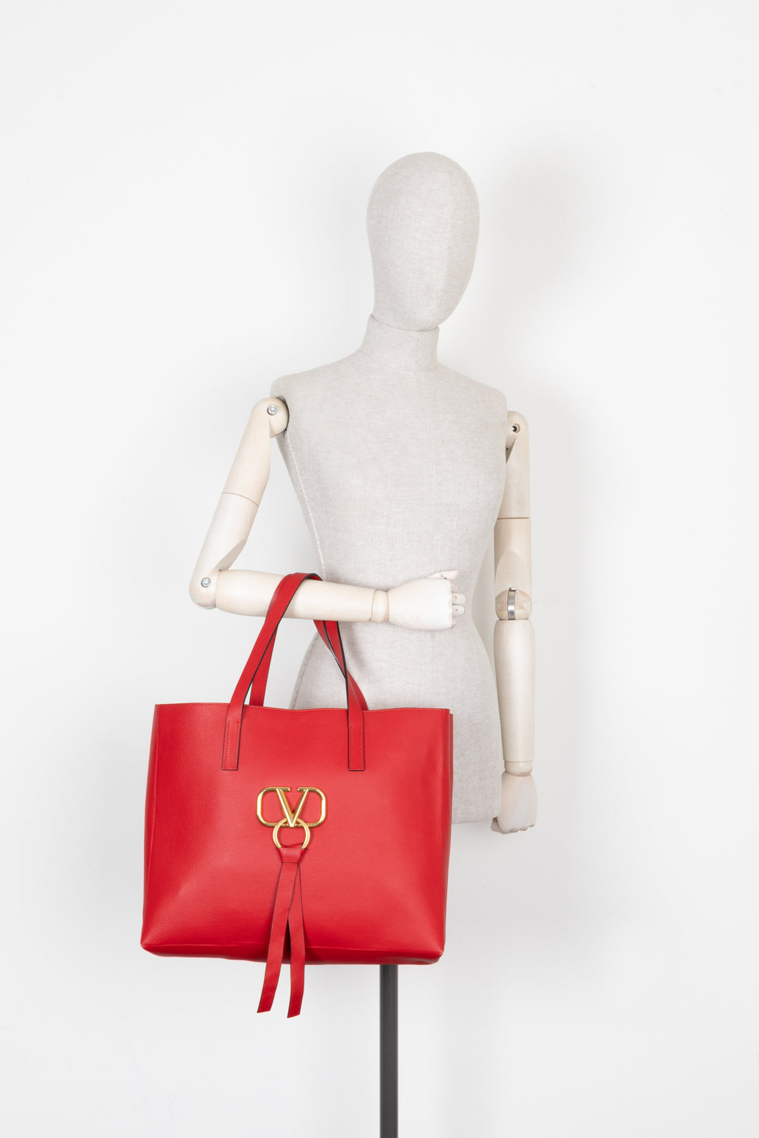 VALENTINO V Logo Tote Bag Leather Red