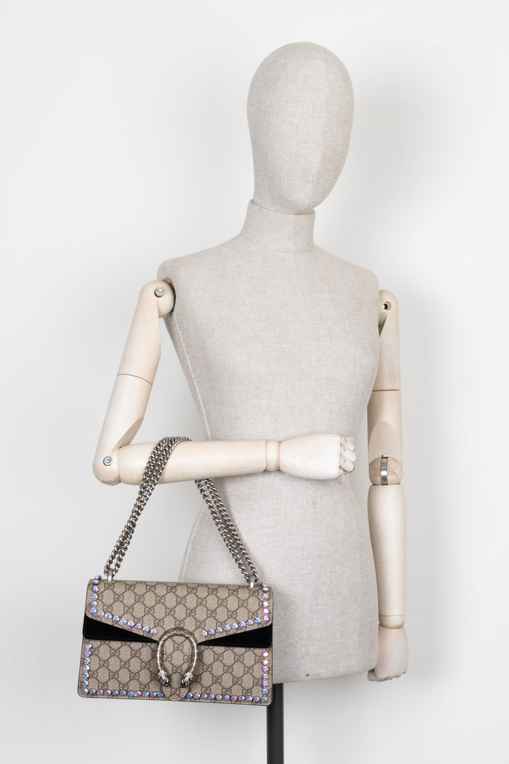 GUCCI Crystals Dionysus Bag Medium GG Suede Black