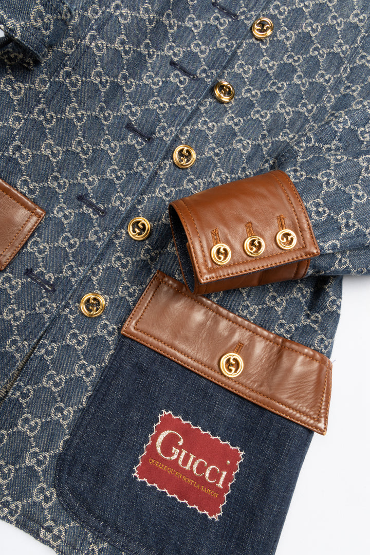 GUCCI Jacquard GG Leather Detail Denim Jacket