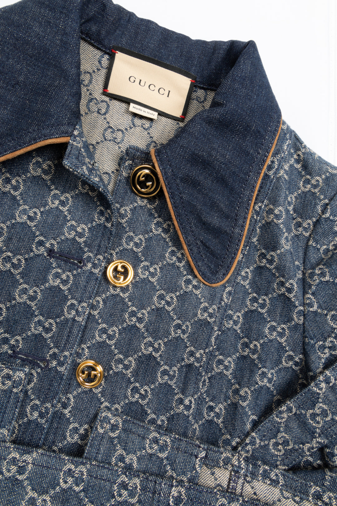 GUCCI Jacquard GG Leather Detail Denim Jacket