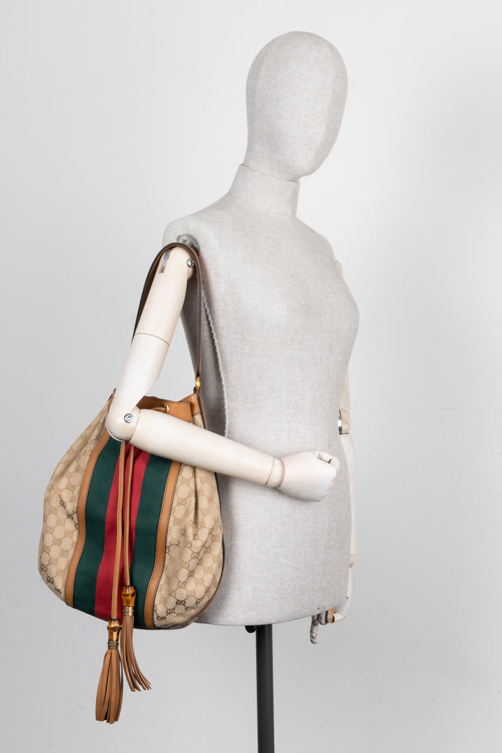 GUCCI Rania Supreme Canvas Hobo Bag Sand