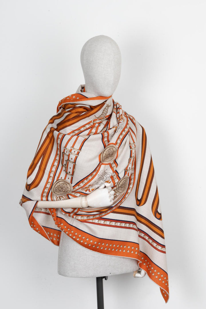 HERMÈS Scarf 140 Grand Tralala Orange Beige Cashmere