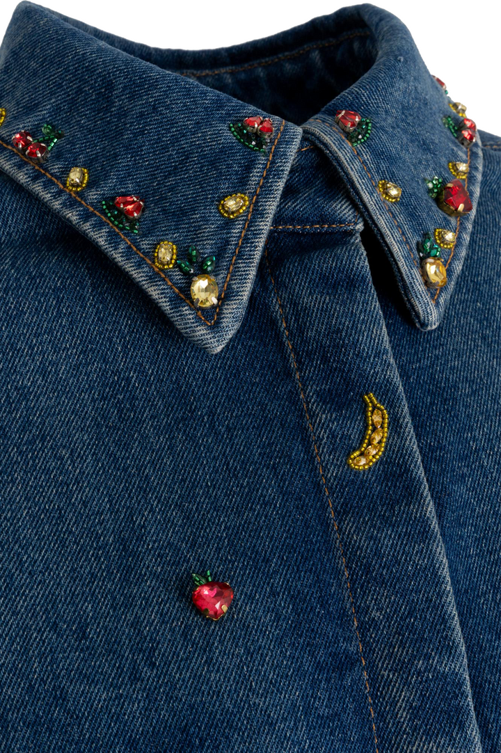 VALENTINO Crystal Fruit Embellished Denim Shirt