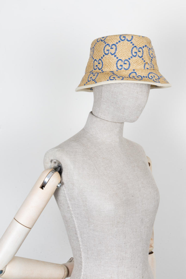 GUCCI GG Bucket Hat Raffia Beige Blue