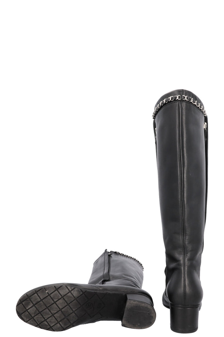 CHANEL Chain Boots Leather Black