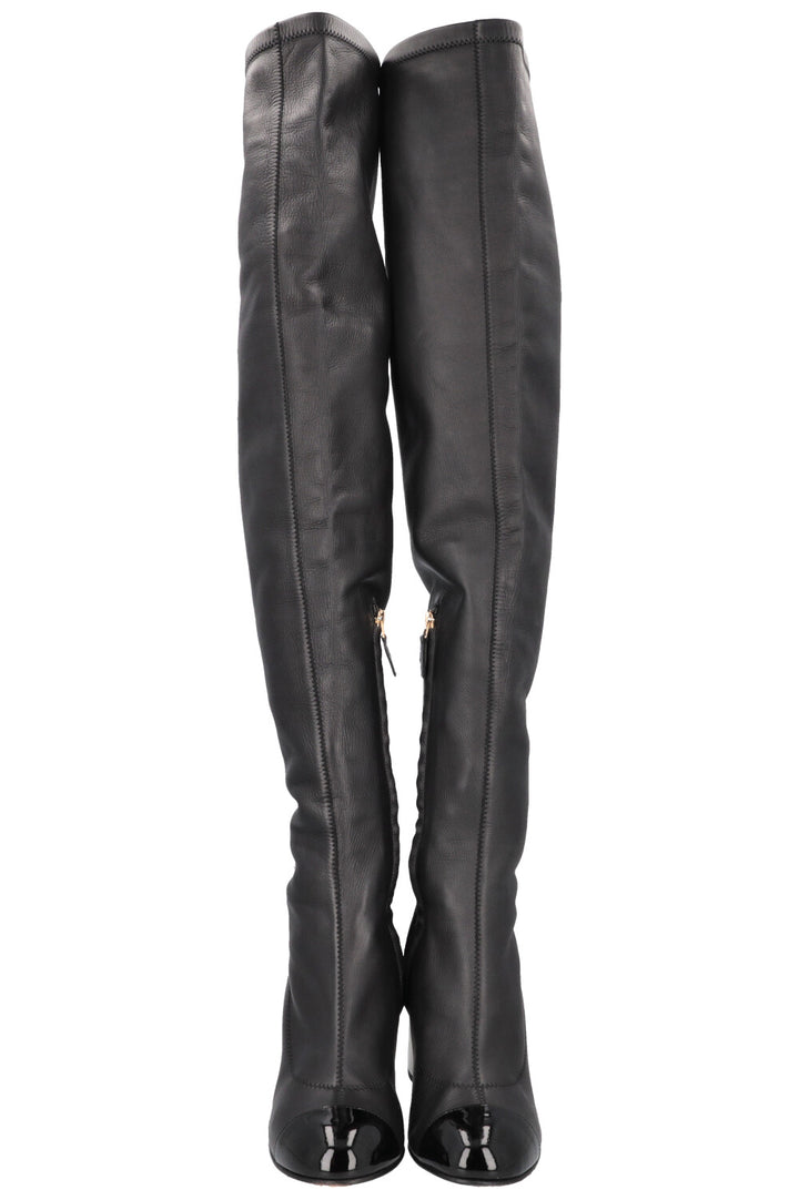 CHANEL Overknee Boots Leather Black