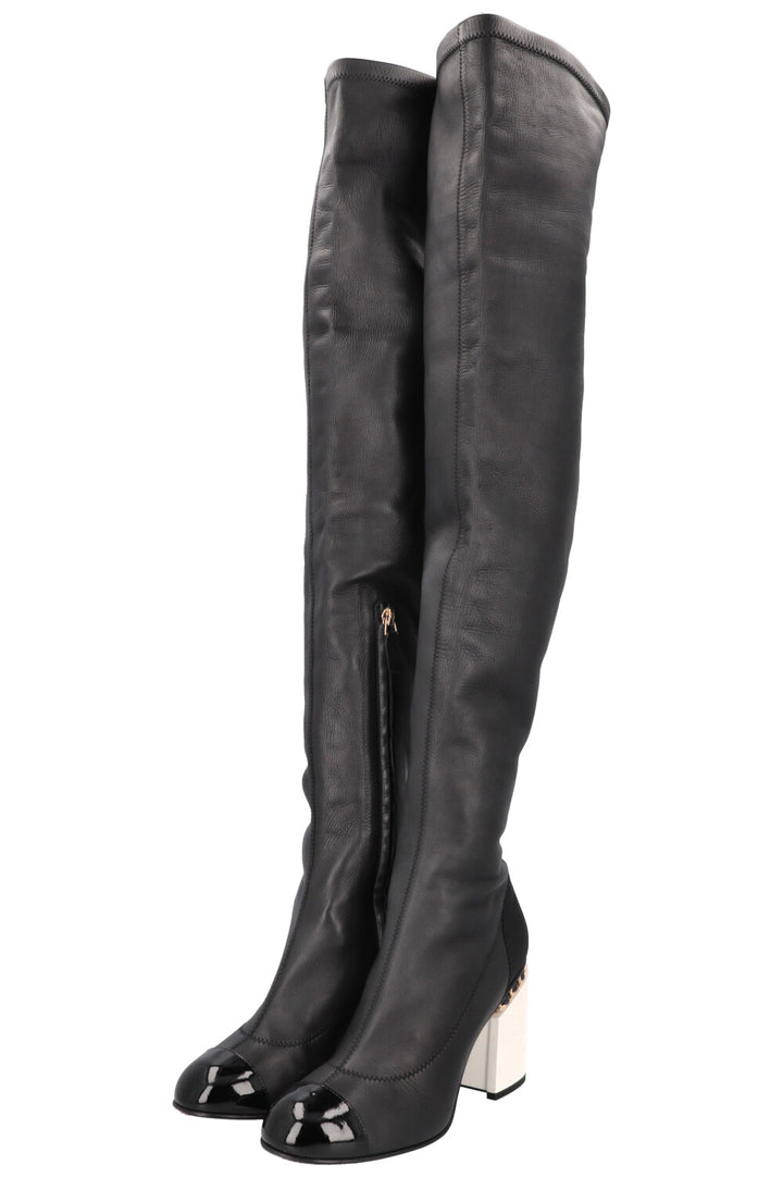 CHANEL Overknee Boots Leather Black