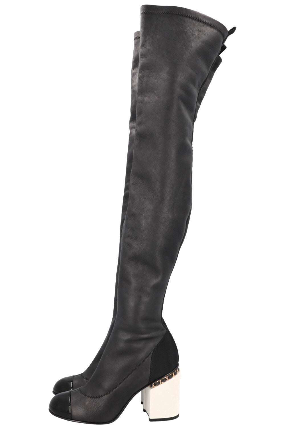 CHANEL Overknee Boots Leather Black