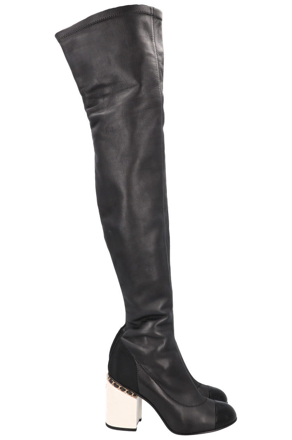 CHANEL Overknee Boots Leather Black