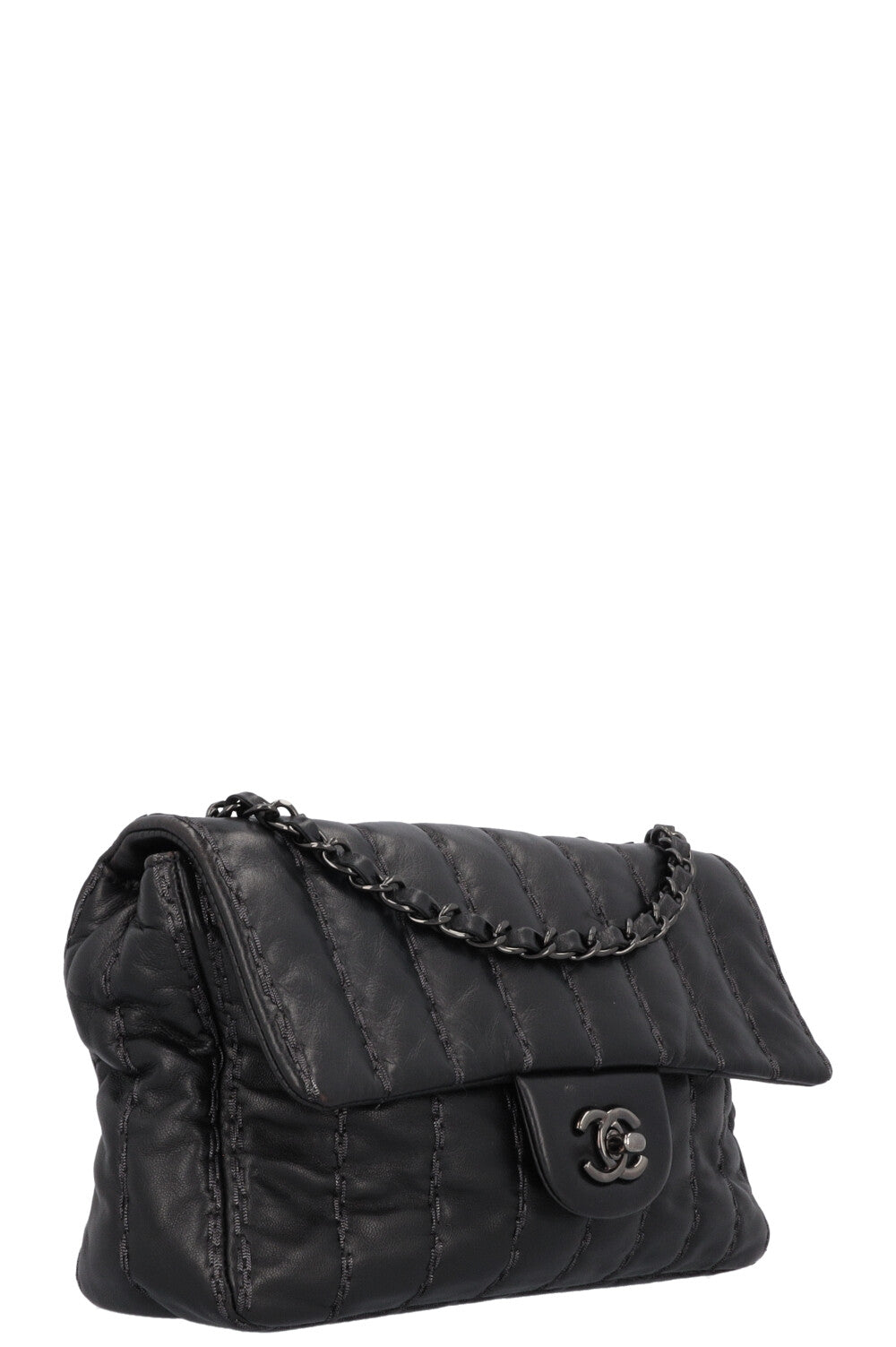 CHANEL Vertical Stitch Single Flap Bag Black REAWAKE