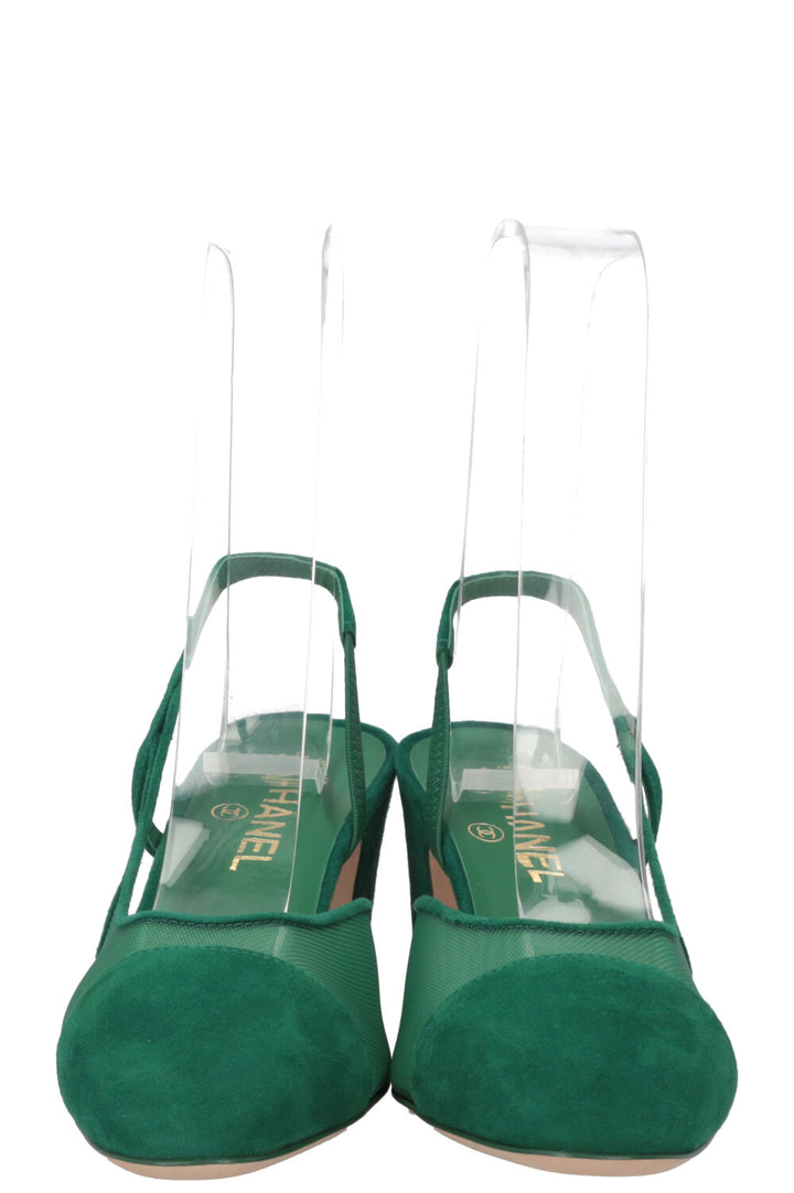 CHANEL Slingback Heels Mesh Suede Green