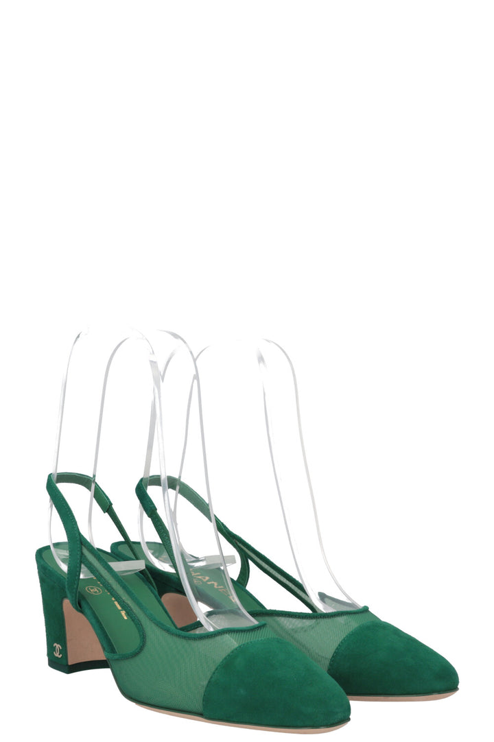 CHANEL Slingback Heels Mesh Suede Green