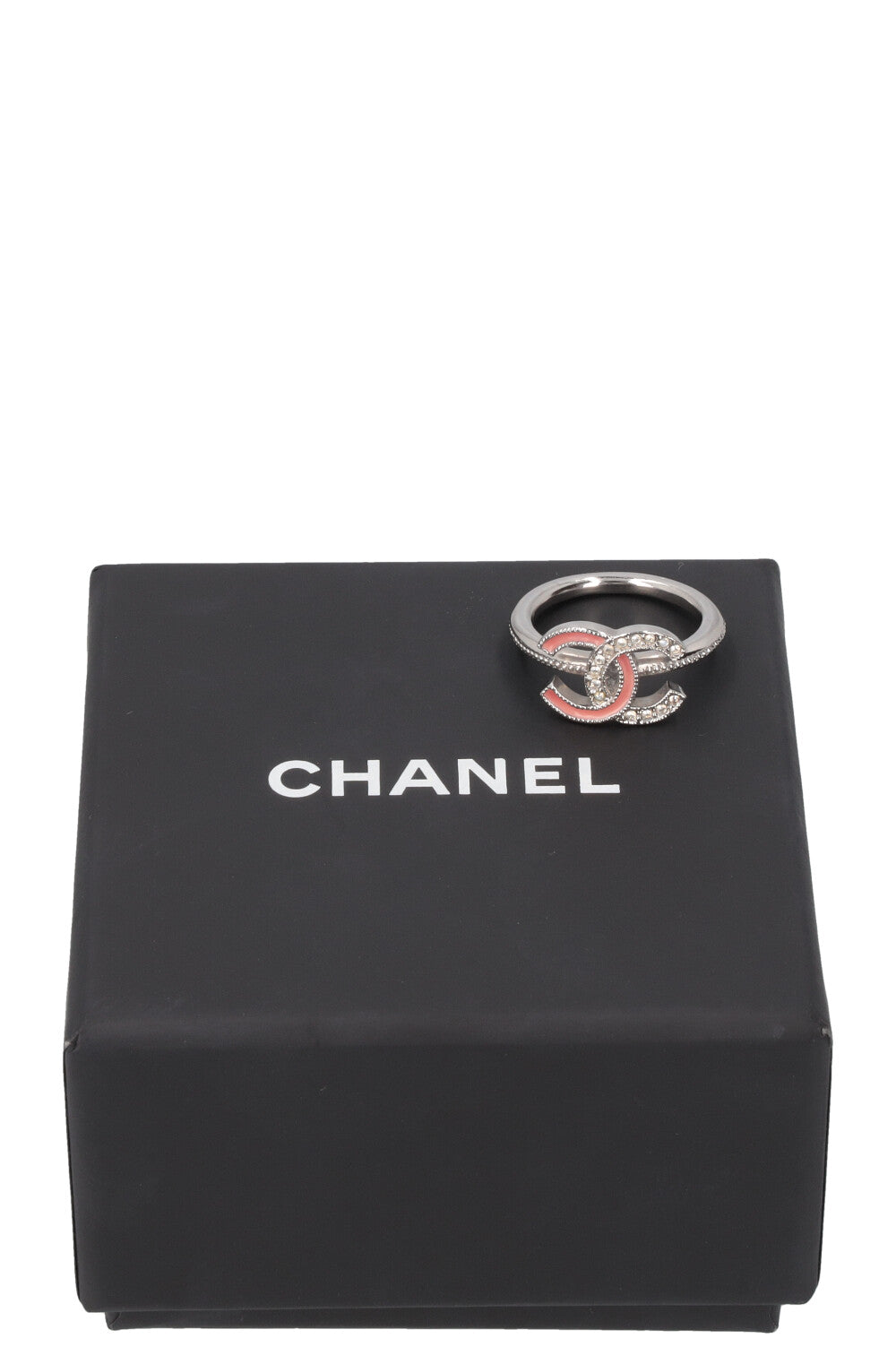 CHANEL 2017 Rhinestones CC Ring Silver Pink