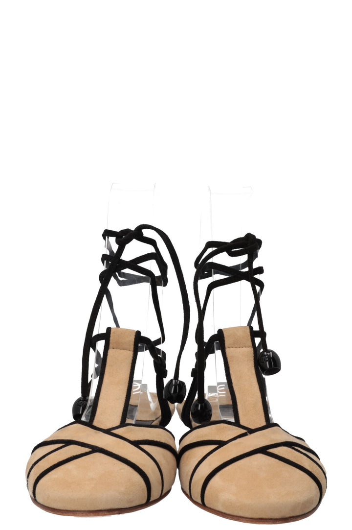 CHANEL Lace Up Heel Suede Beige Black