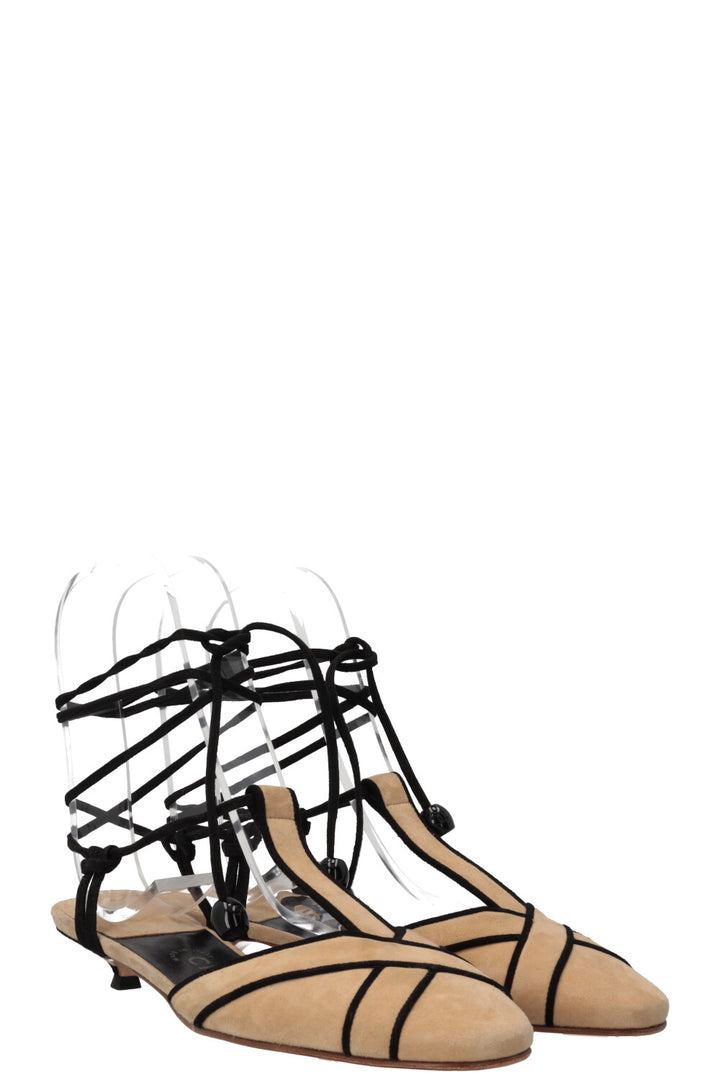 CHANEL Lace Up Heel Sued Beige Black