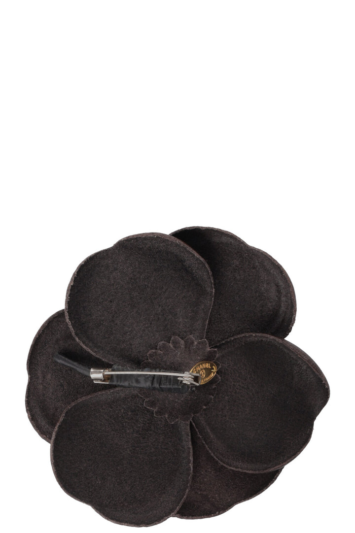 CHANEL Camellia Brooch Leather Brown