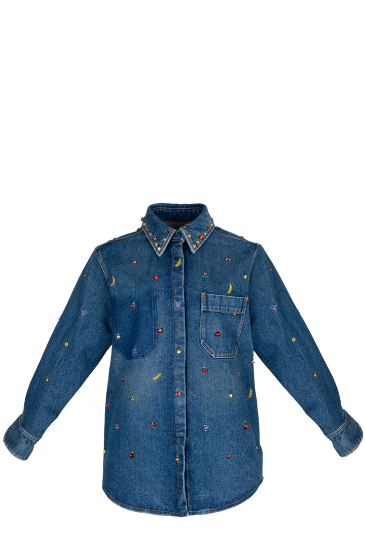 VALENTINO Crystal Fruit Embellished Denim Shirt