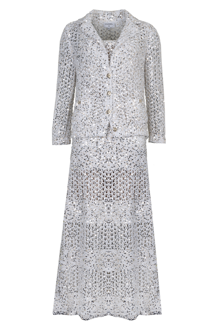 CHANEL Knit Dress Sequin White