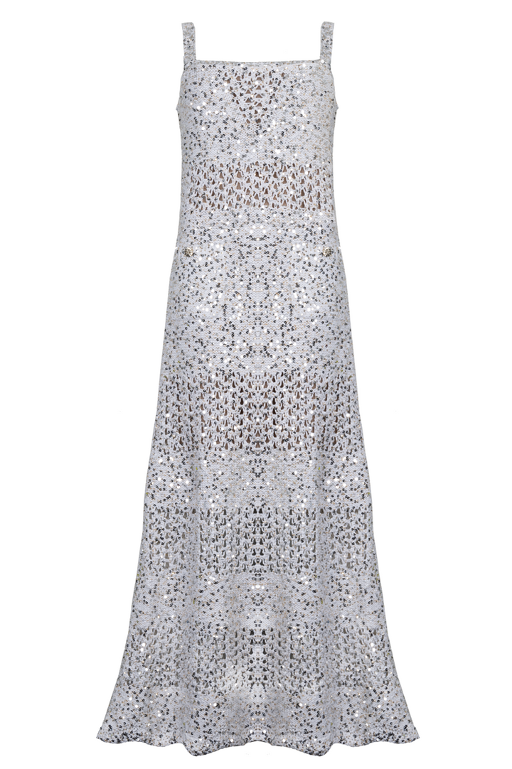 CHANEL Knit Dress Sequin White