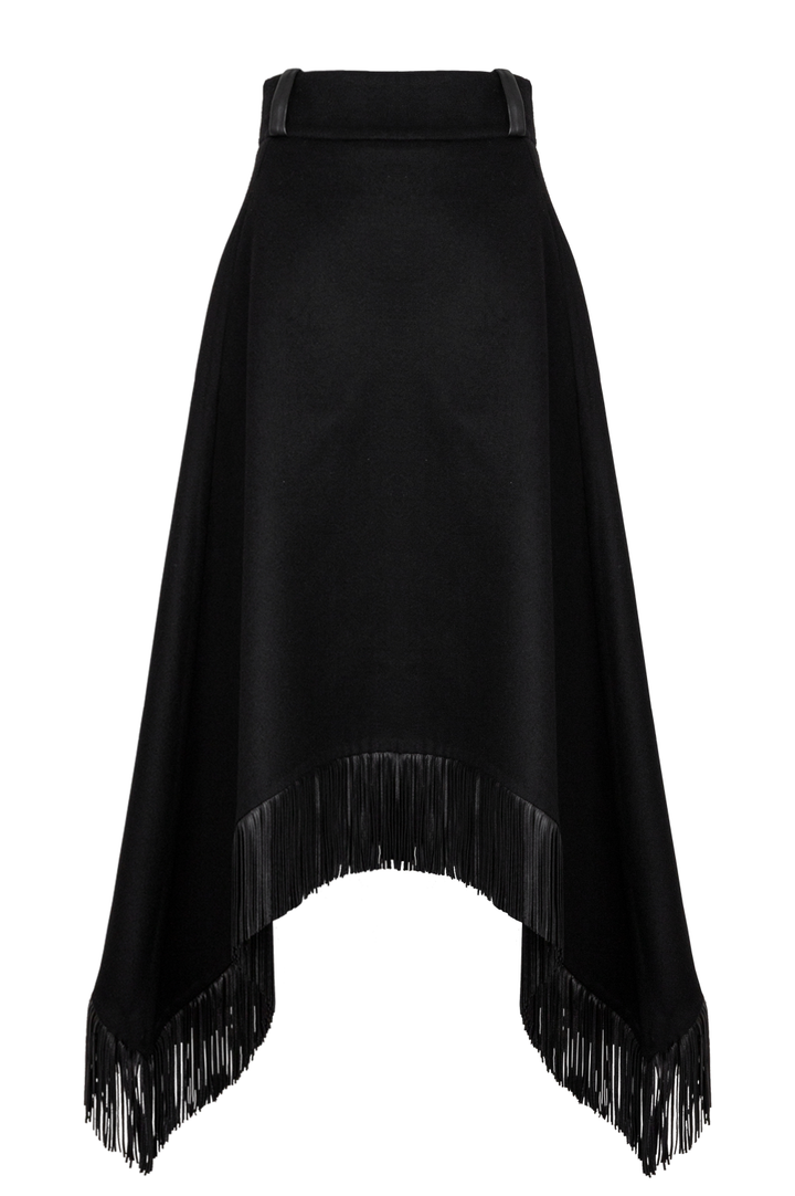 SAINT LAURENT 2020 Leather Fringed Midi Skirt Black Wool