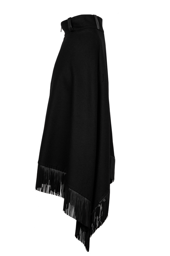 SAINT LAURENT 2020 Leather Fringed Midi Skirt Black Wool