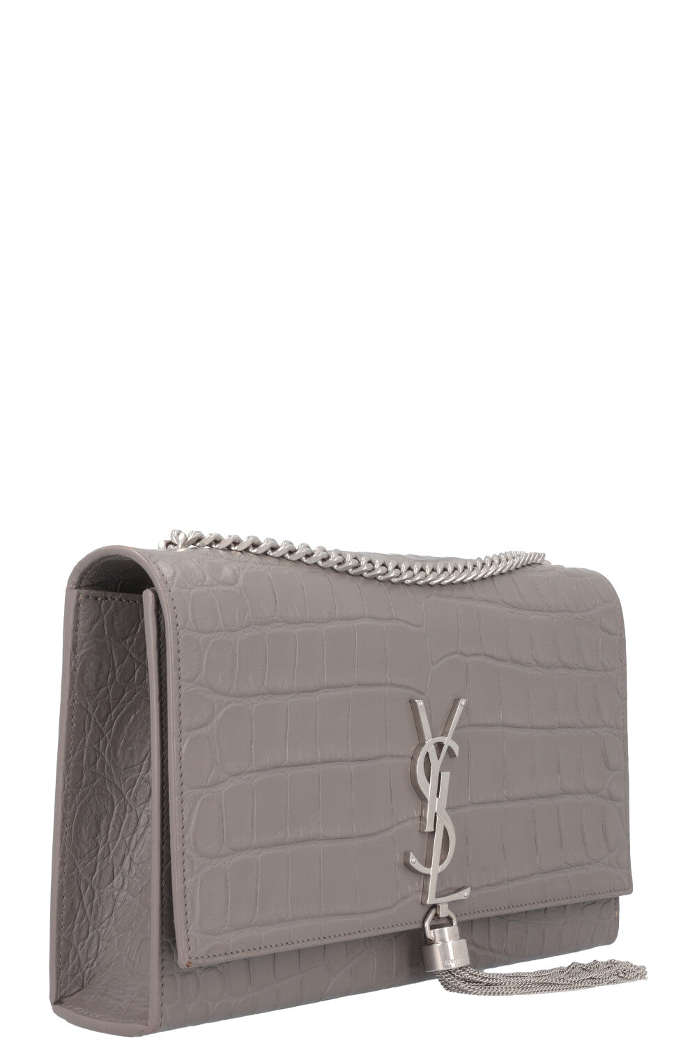 SAINT LAURENT Medium Kate Tassel Bag Croc Embossed Grey