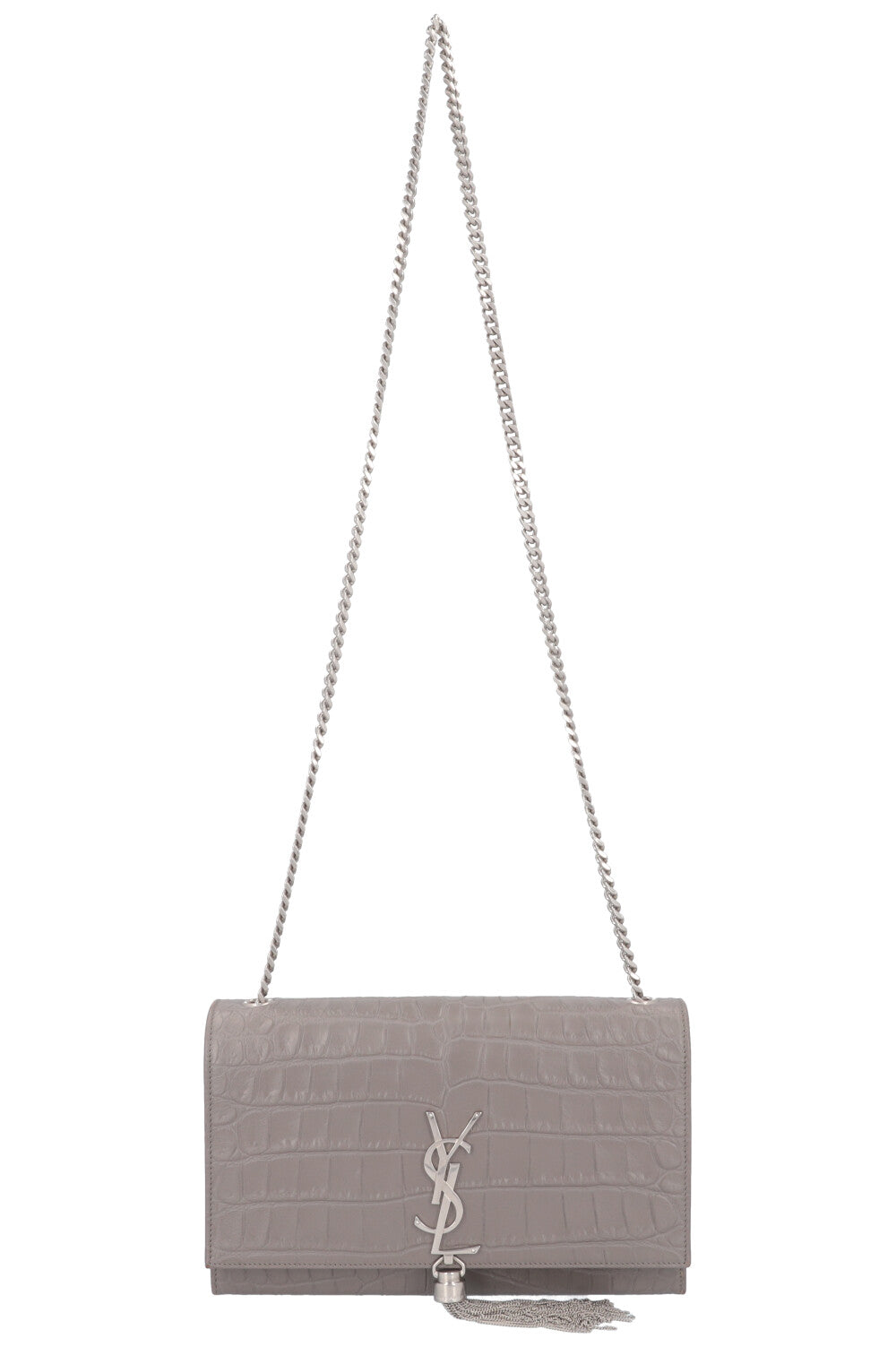 SAINT LAURENT Medium Kate Tassel Bag Croc Embossed Grey REAWAKE