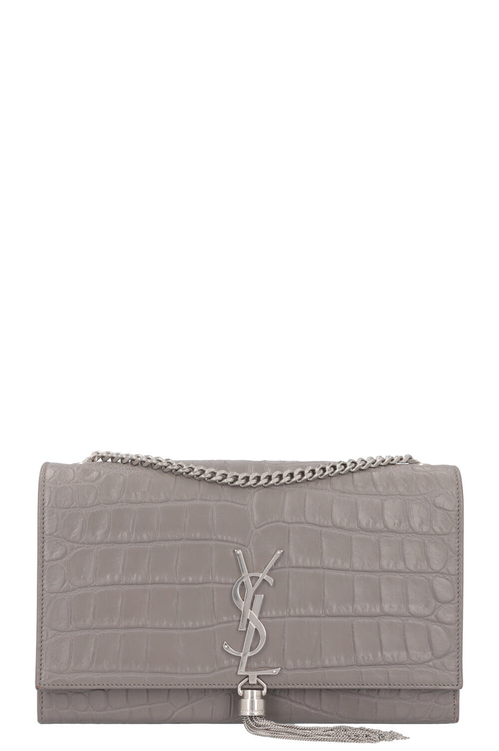 SAINT LAURENT Medium Kate Tassel Bag Croc Embossed Grey