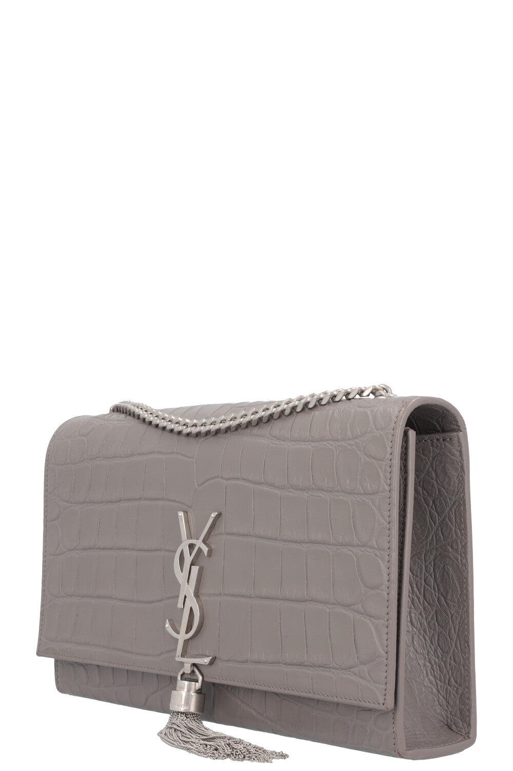 SAINT LAURENT Medium Kate Tassel Bag Croc Embossed Grey