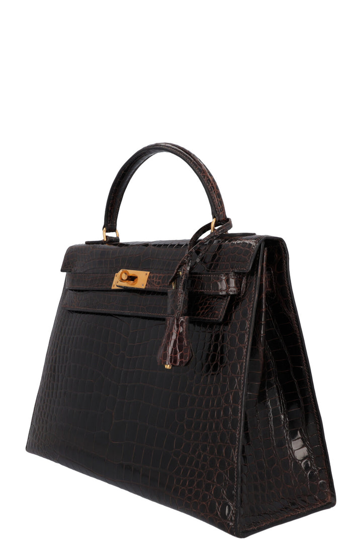 HERMÈS Kelly 32 Shiny Alligator Mississippiensis Brown