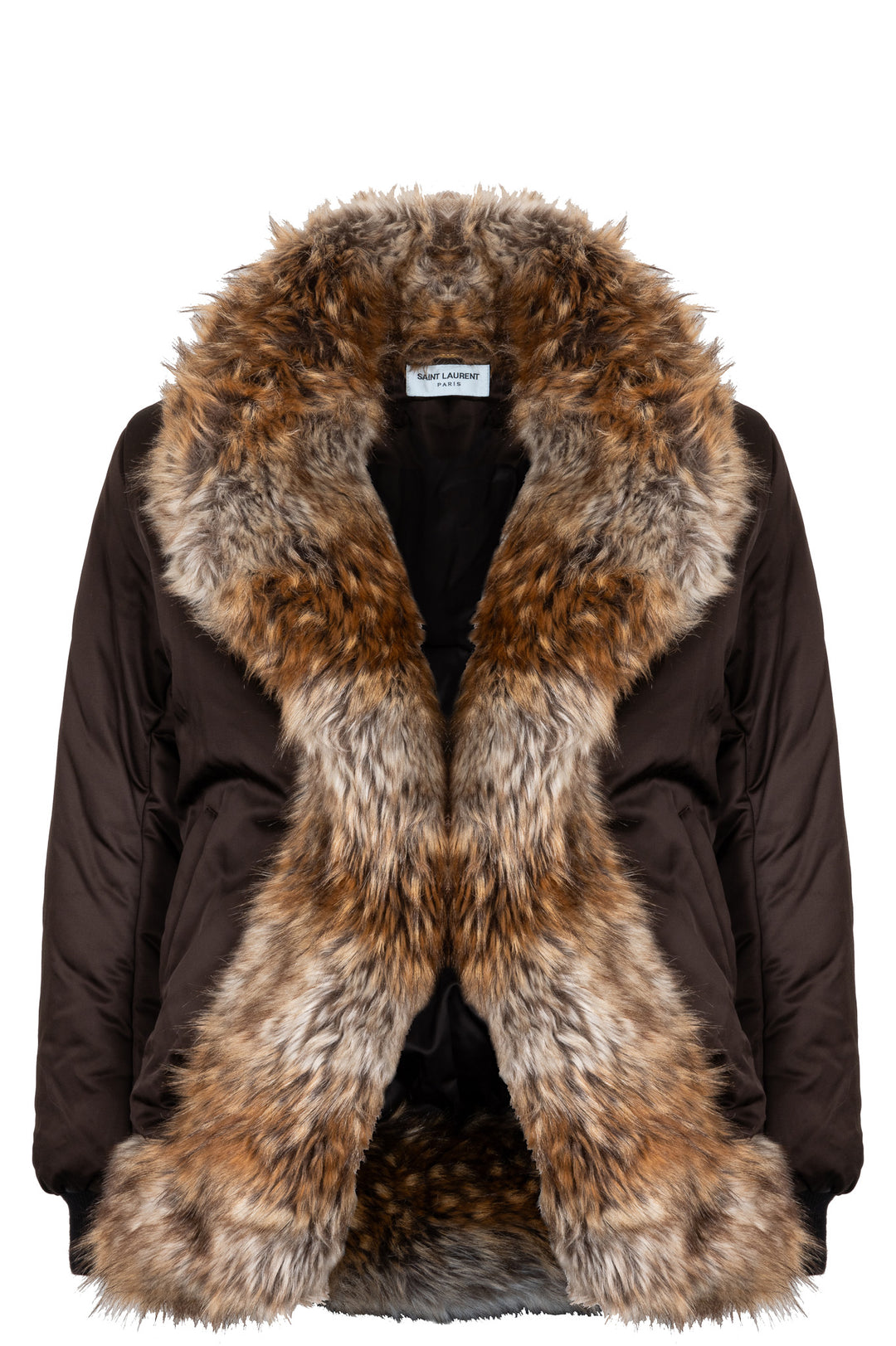 SAINT LAURENT 2022 Faux Fur Collar Bomber Jacket Brown